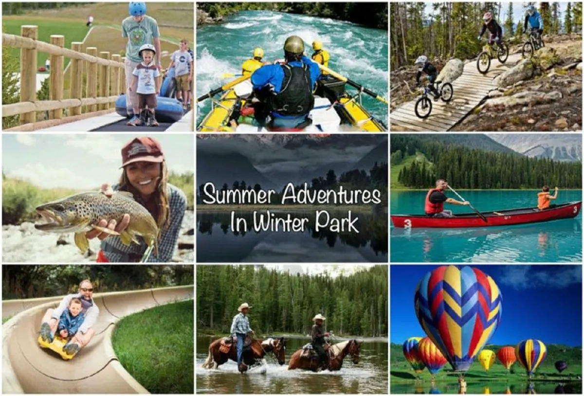 This vibrant exterior image captures families enjoying a range of outdoor activities in a mountain setting, including kids sliding down a water slide, biking, rafting, fishing, and colorful hot air balloons drifting in the sky. The scene is lively and inviting, representing the excitement and variety of family-friendly adventures available nearby.